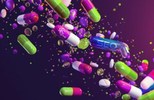 A bunch of colorful pills falling on the purple background. Some of them have the SFC logo, and a few others have the word "SEO"